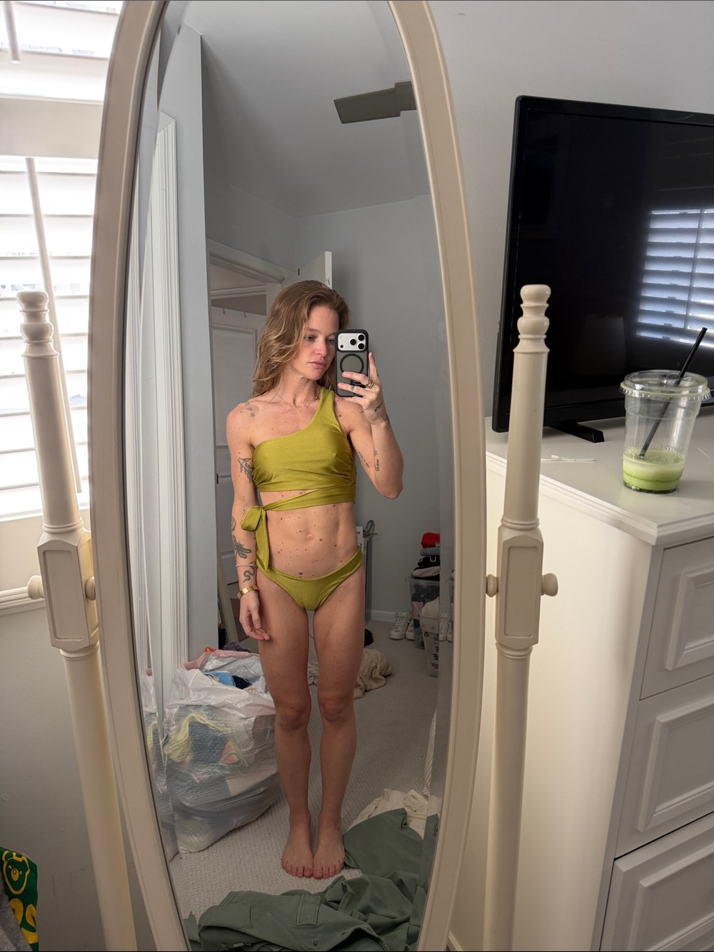 ILovePop swim Olive Green One-Shoulder Tie Bikini